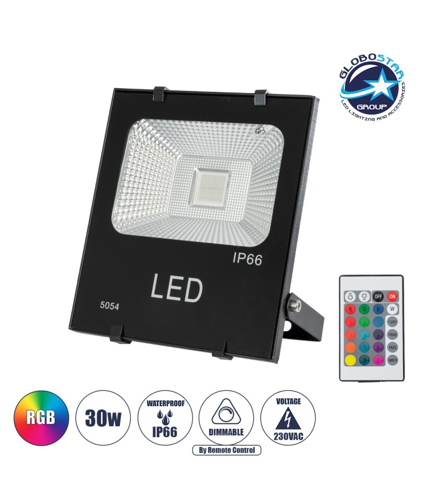 GLOBOSTAR® RGBFLOOD 75601 Προβολέας με IR Ασύρματο Χειριστήριο LED 30W 1950lm 120° AC 220-240V Αδιάβροχο IP66 Πολύχρωμο RGB Dimmable - Μαύρο Ματ - Μ17 x Π4.5 x Υ20cm - 2 Χρόνια Εγγύηση